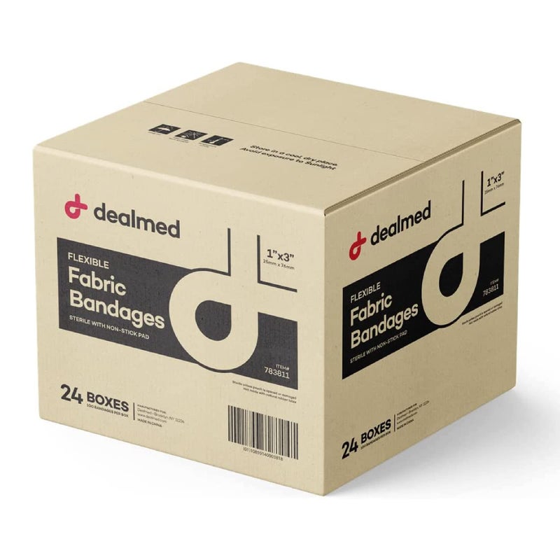 Dealmed Sterile Flexible Fabric Adhesive Bandages â€“ 1x3 Inch â€“ 100/Box - 24 Boxes - Breathable First Aid Strip Pack - Soft Stretch Wound Patch for Medical, Emergency Kits & Clinic - Image 1